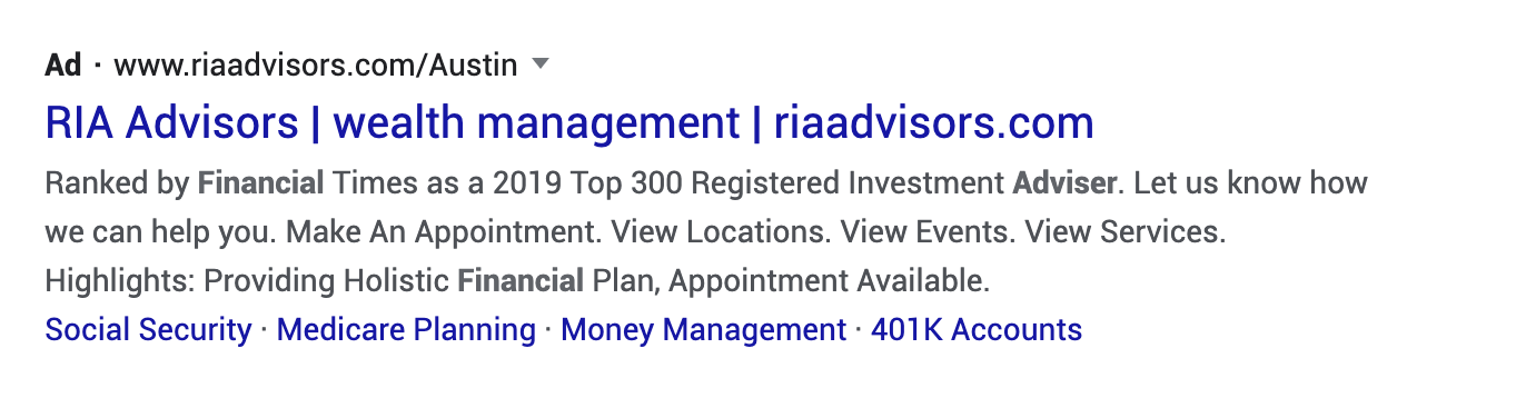 Example of a Google Ad for a Wealth Management Firm