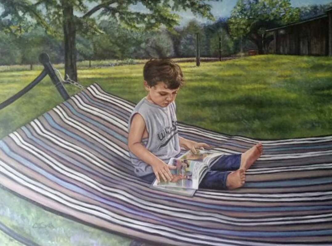 Painting of Boy Reading Picture Book Outside, Cora Smith