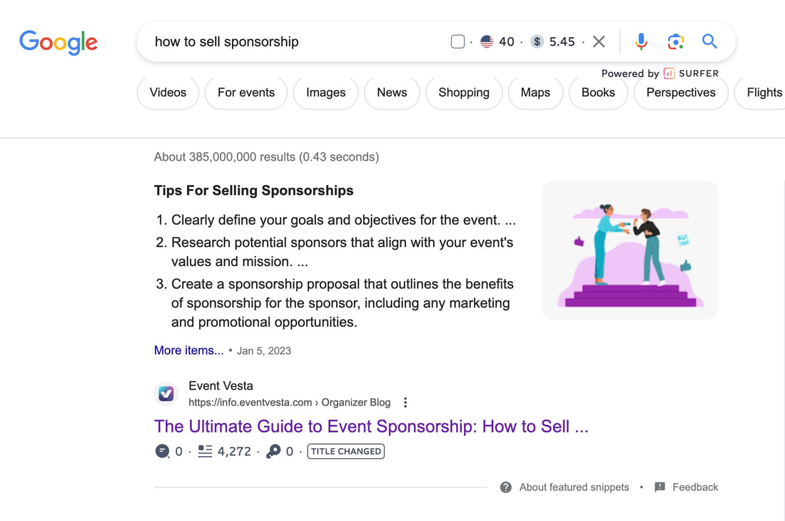 Example of Featured Snippet for the search term How to Sell Sponsorships